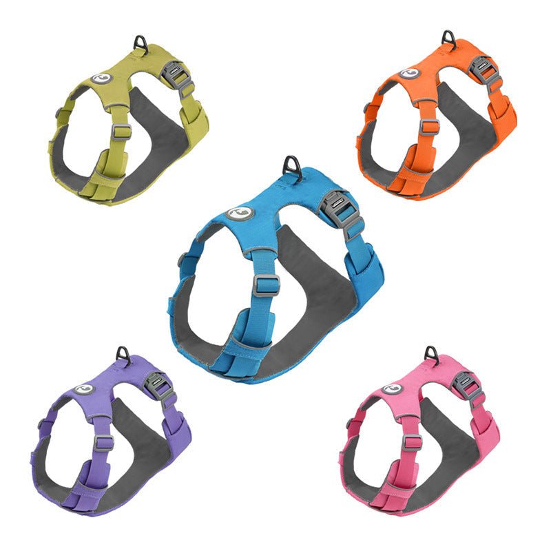 Harnais réfléchissant pour chien en plusieurs couleurs : bleu, orange, violet et rose