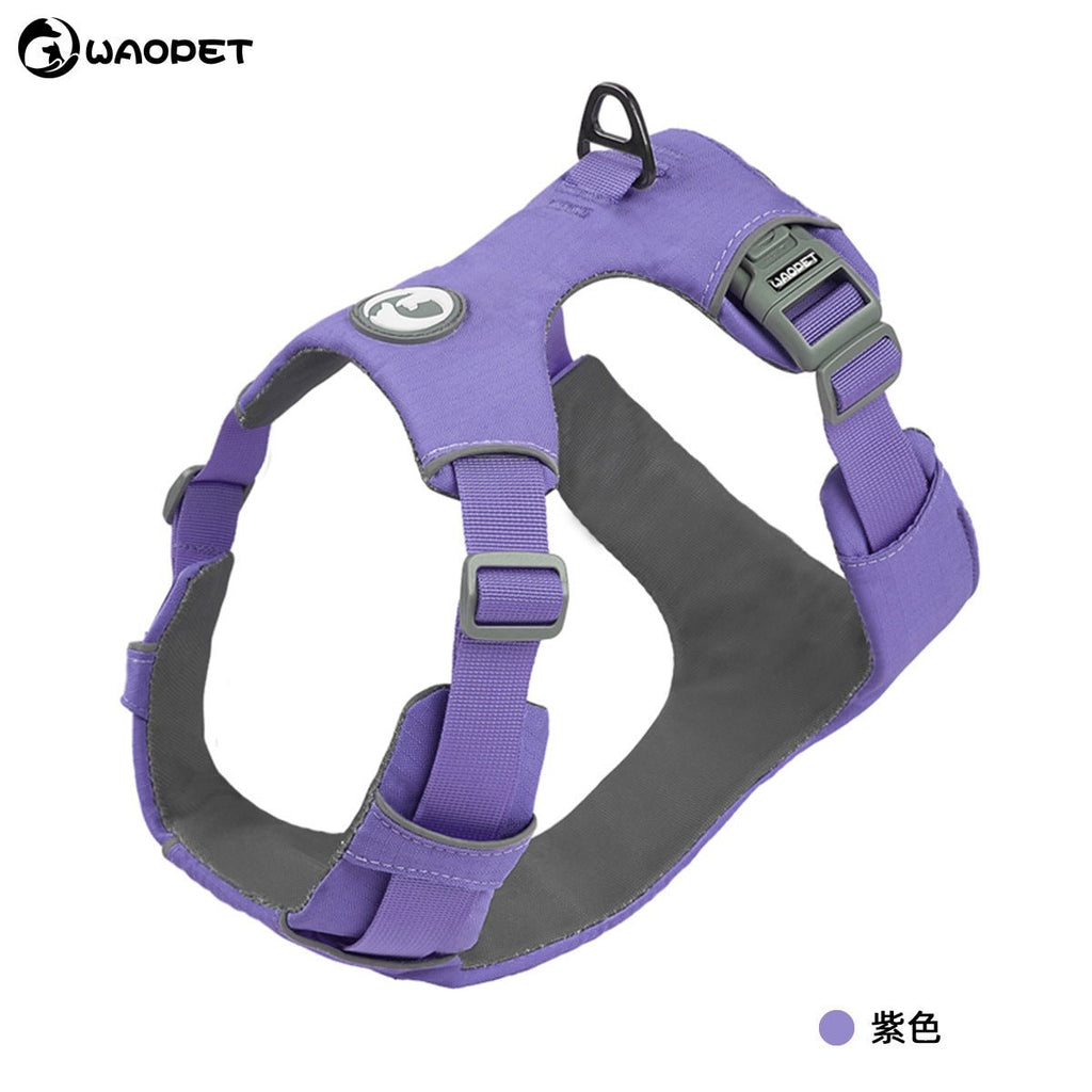 Harnais violet réfléchissant pour chien, vue de face, sangles réglables et attache dorsale
