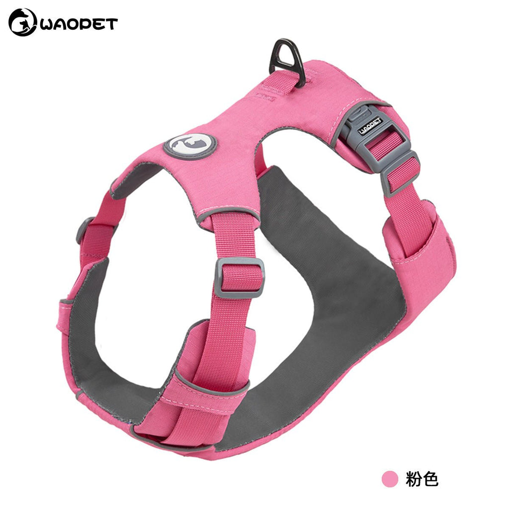 Harnais rose réfléchissant pour chien, sangles réglables et boucle dorsale pour la traction