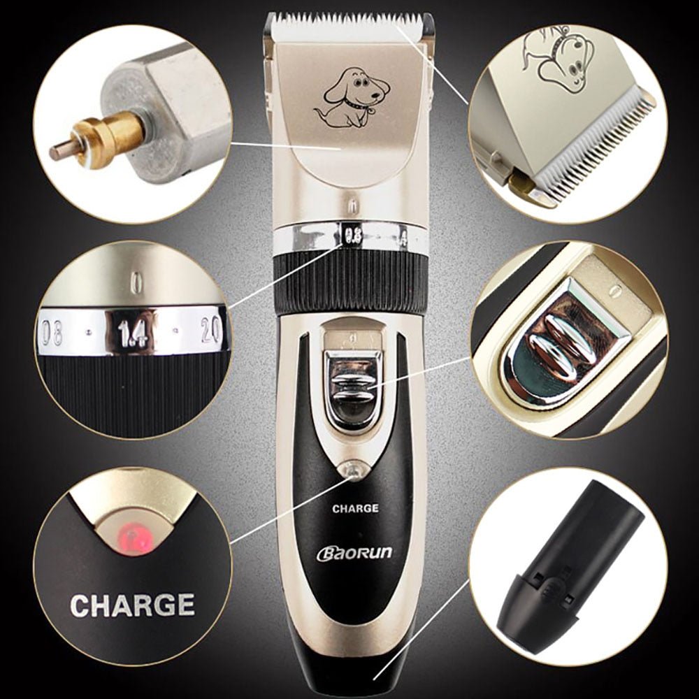 Tondeuse pro pour chien beige, tête et lames de coupe visibles