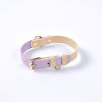 Collier en cuir violet avec bord beige, boucle dorée et anneau d’attache.
