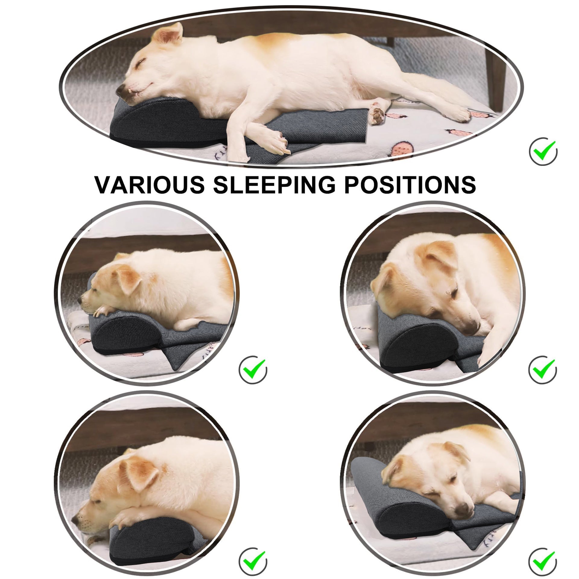 Oreiller pour chien gris foncé, positions de sommeil illustrées sur le coussin
