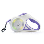 Laisse LED rétractable pour chien blanche, boîtier lumineux violet, anneau d’attache métal
