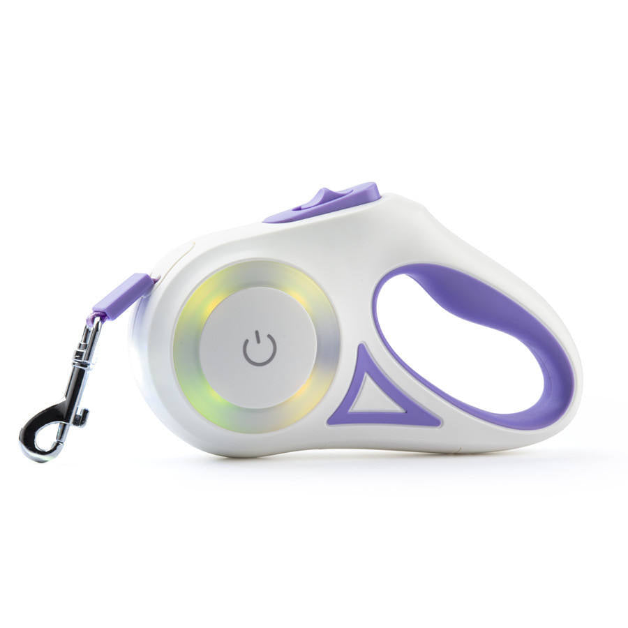 Laisse LED rétractable pour chien blanche, boîtier lumineux violet, anneau d’attache métal
