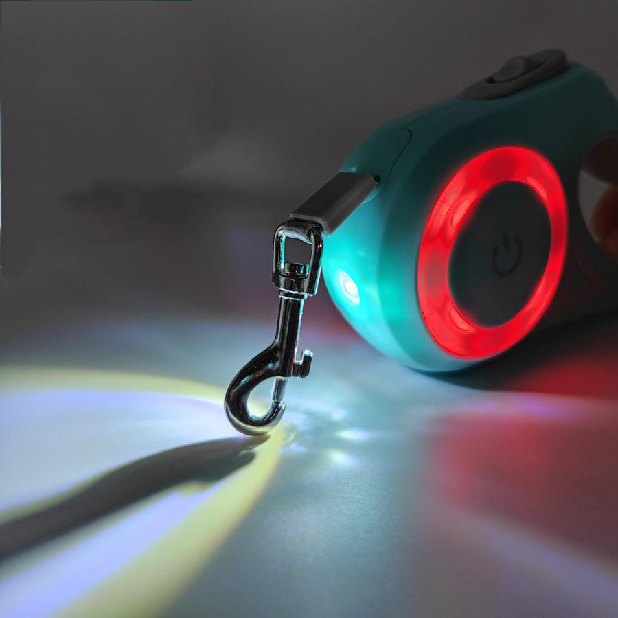 Laisse LED rétractable pour chien verte, boîtier lumineux avec mode rouge, mousqueton métal