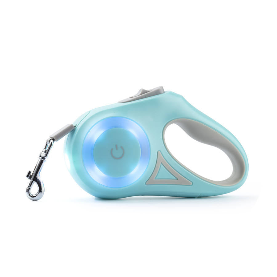 Laisse LED rétractable pour chien bleu clair, boîtier lumineux bleu, mousqueton métal