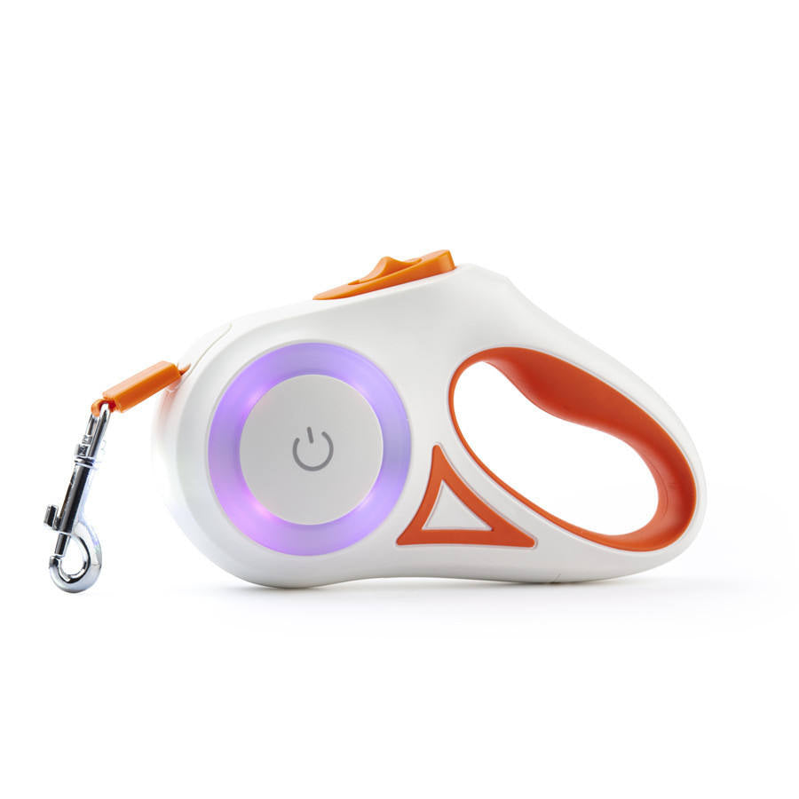 Laisse LED rétractable pour chien blanche, boîtier lumineux orange, poignée rouge, mousqueton