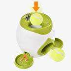 Lance-balles automatique pour chien blanc et vert avec balle de tennis verte projetée