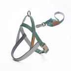 Harnais gilet pour chien avec laisse, vert et gris, bouclerie métal, taille moyenne/grande