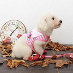 Harnais pour chien à rayures rose et blanches, patch marine et anneau d’attache