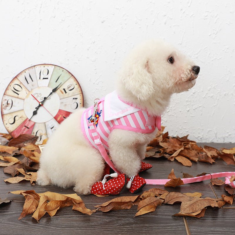 Harnais pour chien à rayures rose et blanches, patch marine et anneau d’attache