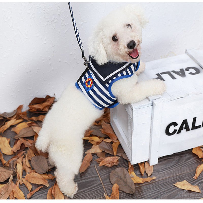 Harnais pour chien bleu à rayures blanches, col en maille et attache de laisse