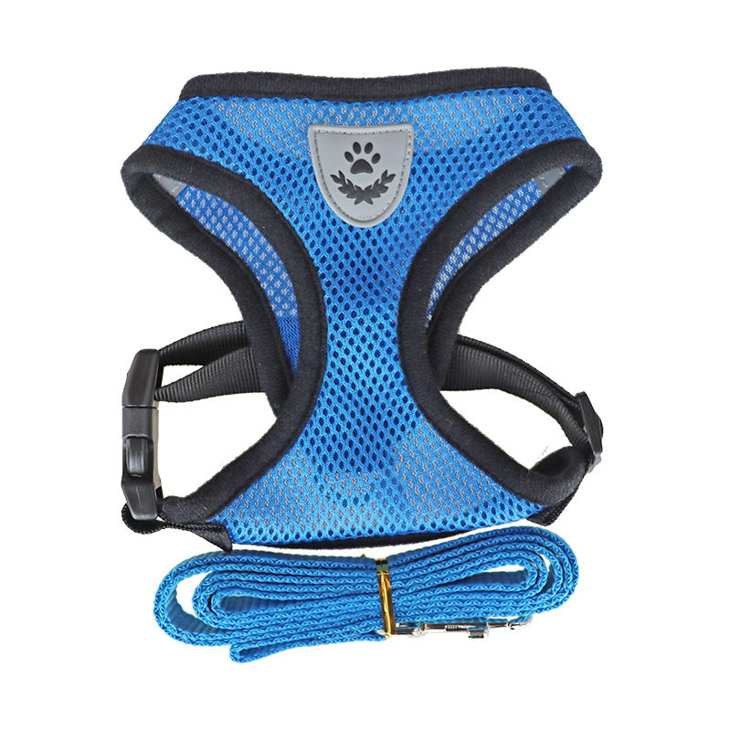 Harnais pour chien bleu avec écusson patte, bords noirs et laisse intégrée bleue