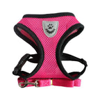 Harnais pour chien rose fuchsia avec écusson patte, bords noirs et laisse intégrée