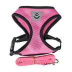 Harnais pour chien rose avec écusson patte, sangles noires et laisse intégrée rose