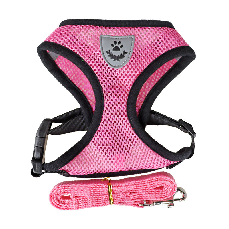 Harnais pour chien rose avec écusson patte, sangles noires et laisse intégrée rose