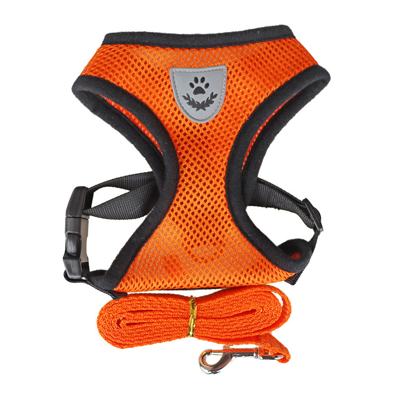Harnais pour chien orange avec écusson patte, bords noirs et laisse intégrée orange