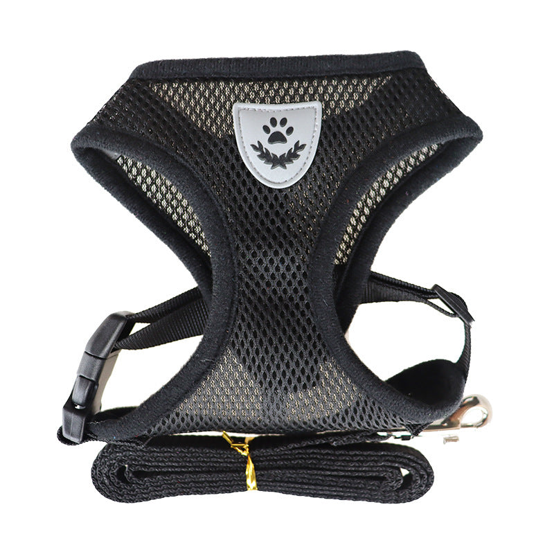 Harnais pour chien noir avec écusson patte, bords noirs et laisse intégrée noire