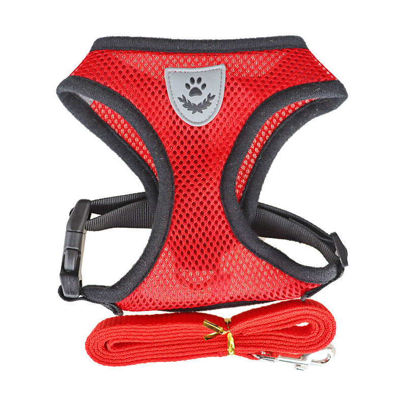 Harnais pour chien rouge avec écusson patte, bords noirs et laisse intégrée rouge