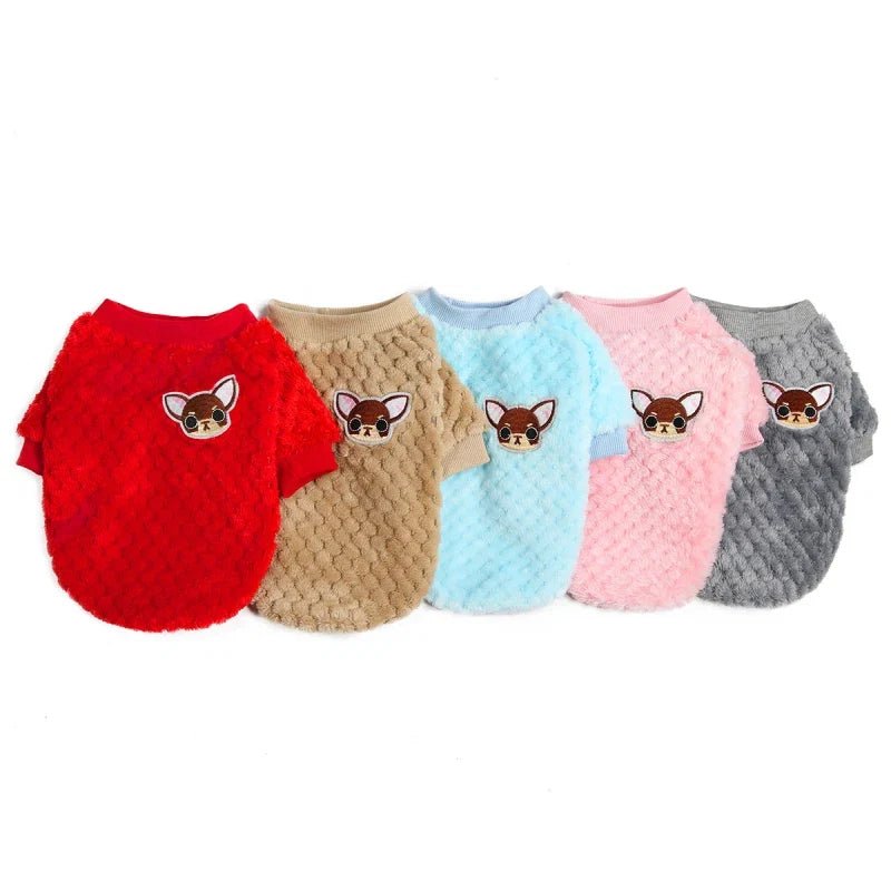 Lot de pulls en peluche pour chien rouges, beiges, bleus, roses et gris, motif renard