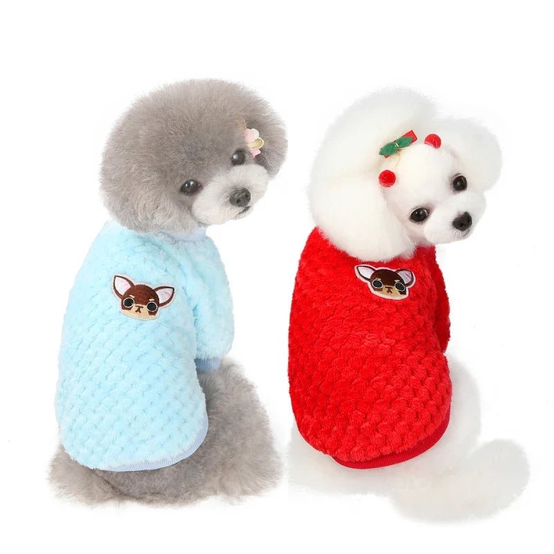 Pull en peluche bleu clair pour chien, col et motif tête de renard sur la poitrine