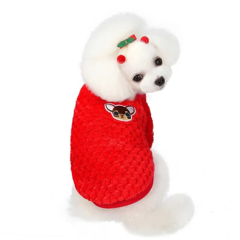 Pull en peluche rouge pour chien avec motif tête de renard sur le devant