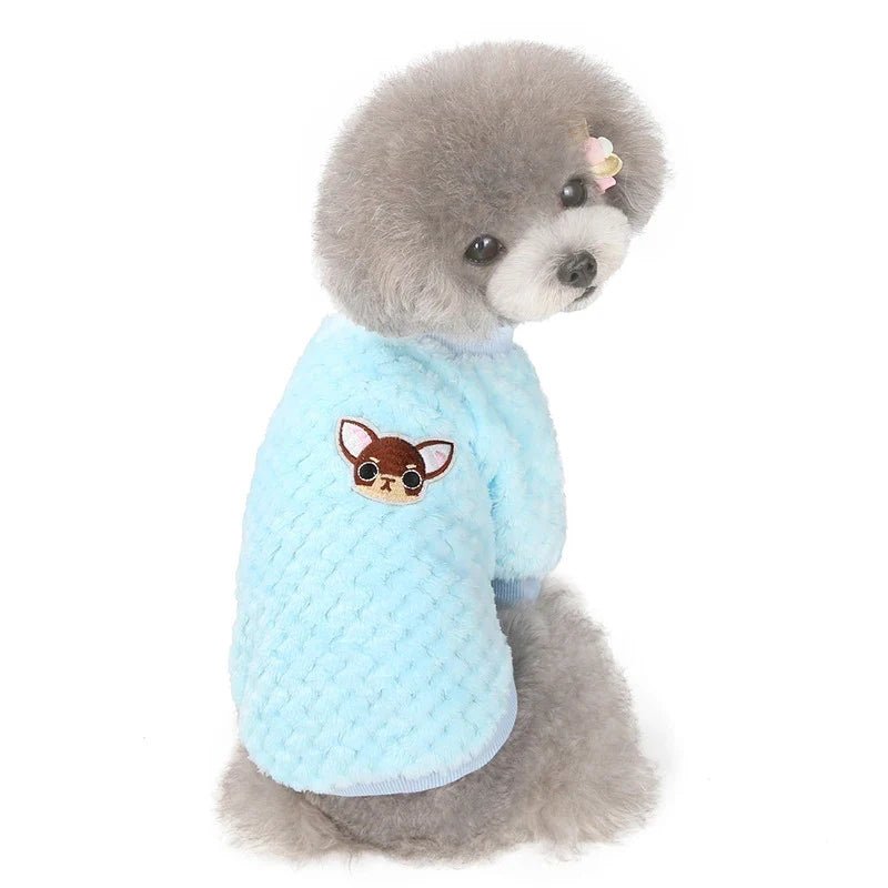 Pull en peluche bleu ciel pour chien, devant côtelé et motif tête de renard
