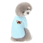 Pull en peluche bleu ciel pour chien, devant côtelé et motif tête de renard