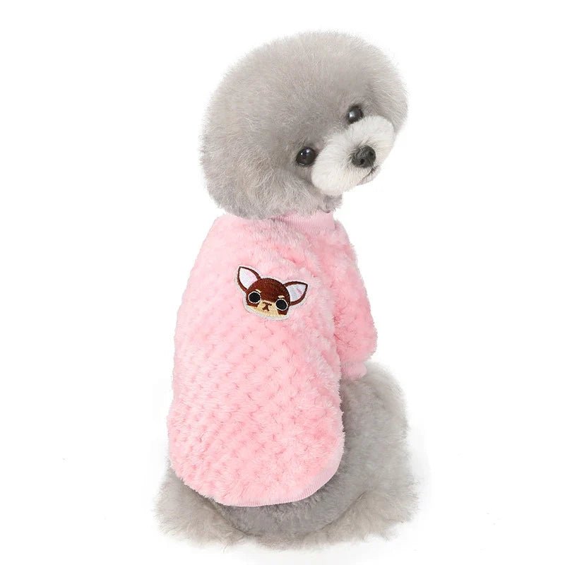 Pull en peluche rose pour chien, col bord-côte et motif tête de renard sur le devant