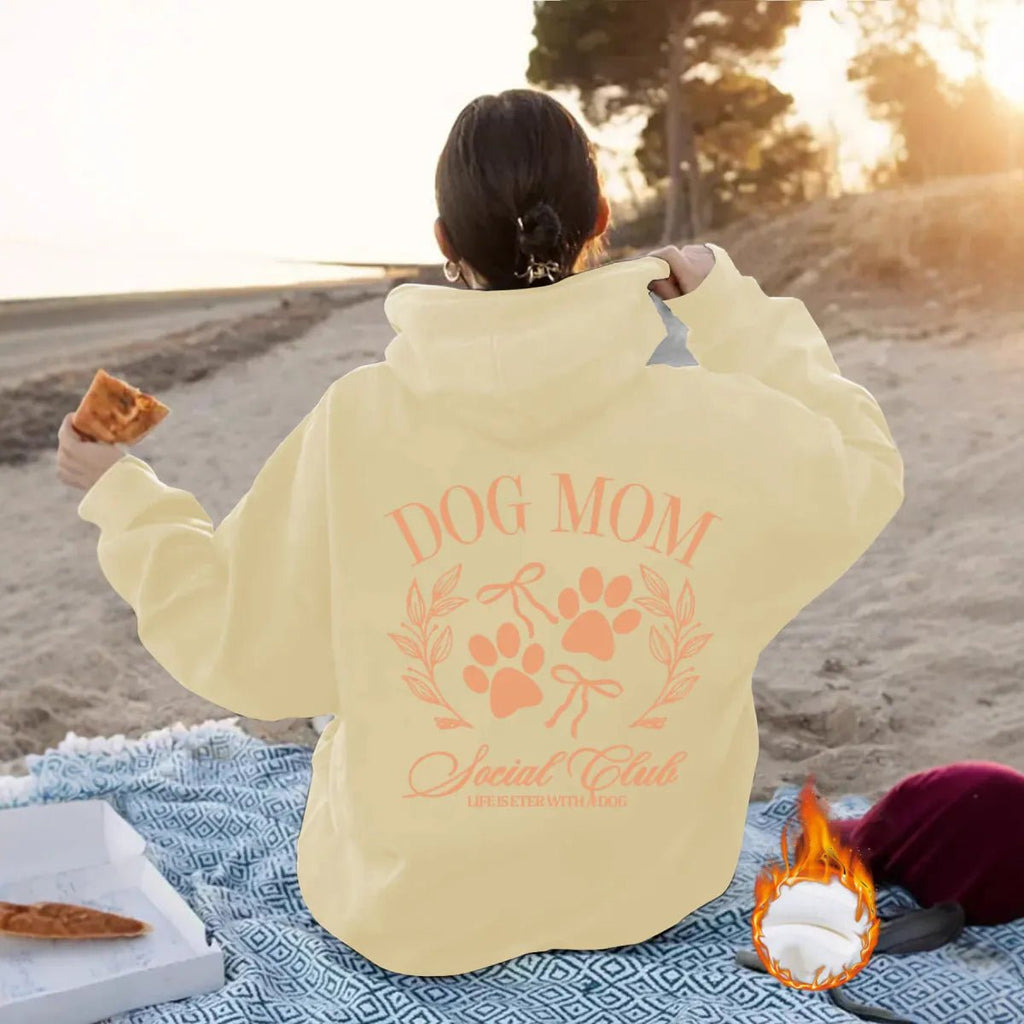 Sweat à capuche femme blanc, imprimé « Dog Mom » avec motif pattes au dos