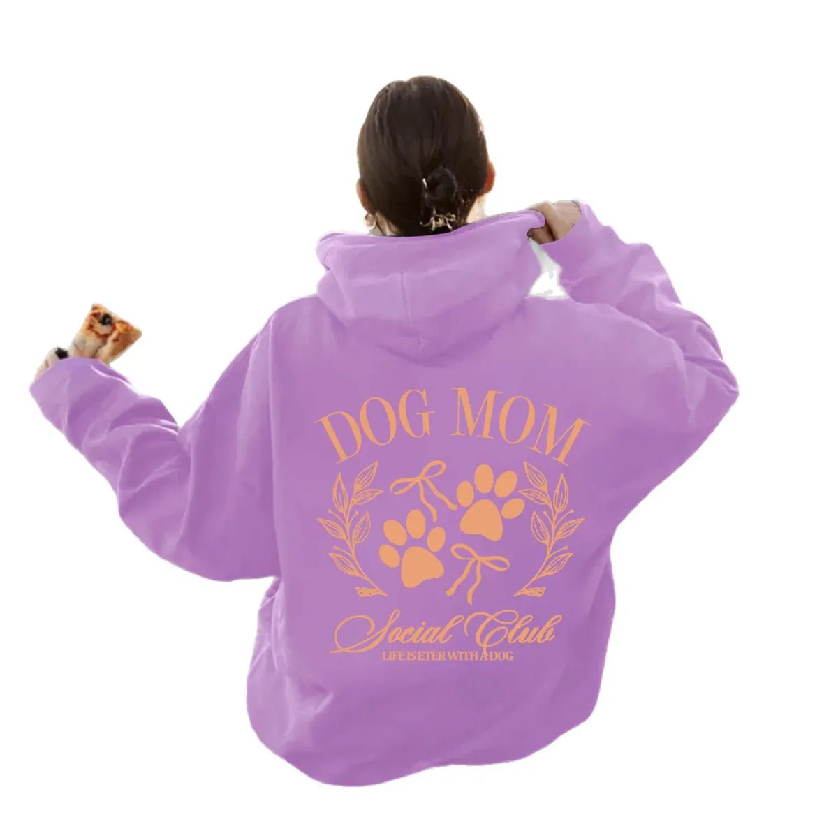 Sweat à capuche femme violet, imprimé « Dog Mom » et motif pattes au dos