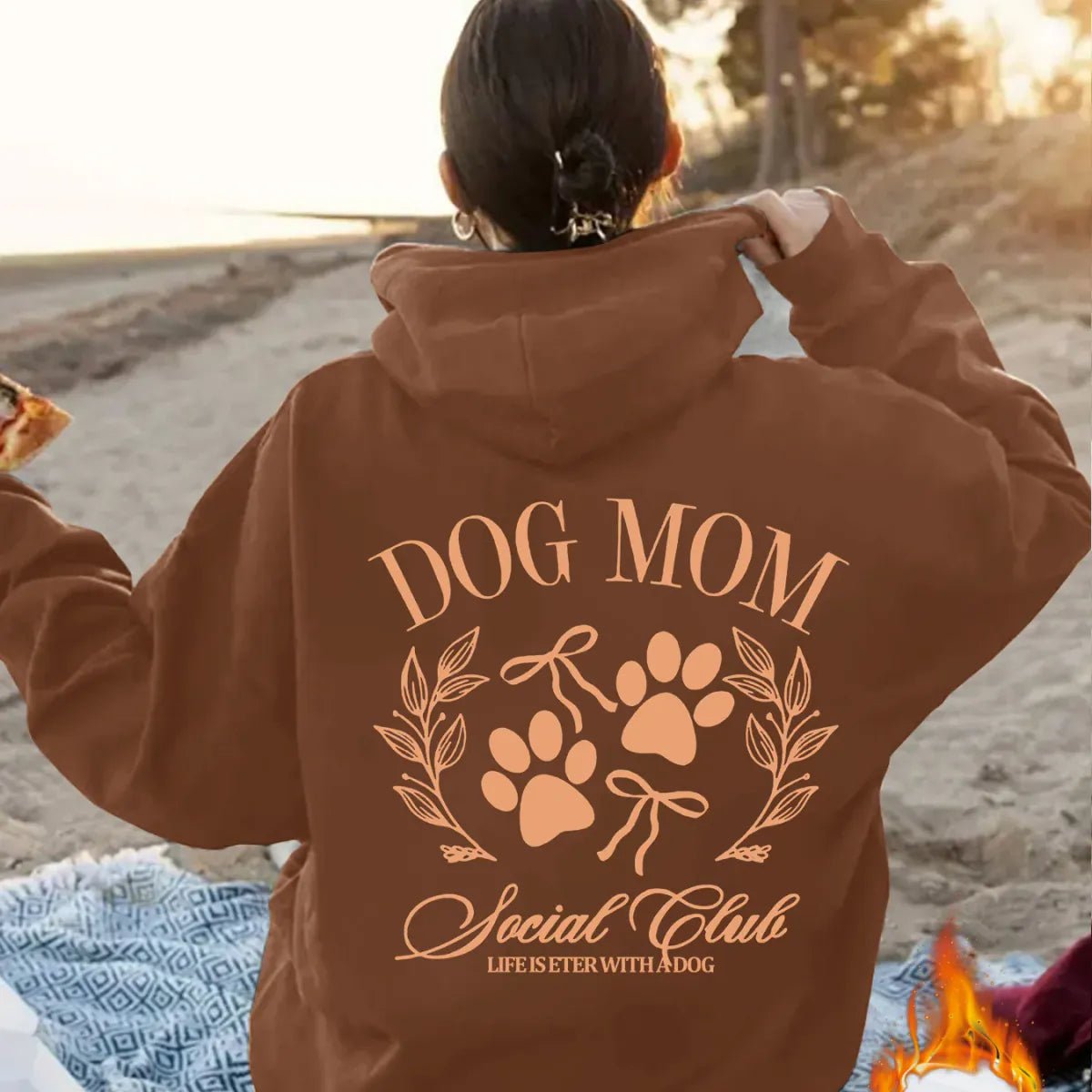 Sweat à capuche femme marron, imprimé « Dog Mom » et motif pattes au dos