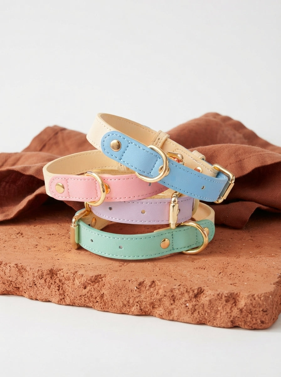 A premium genuine leather pet collar displayed on a terracotta surface with burnt sienna fabric accents.