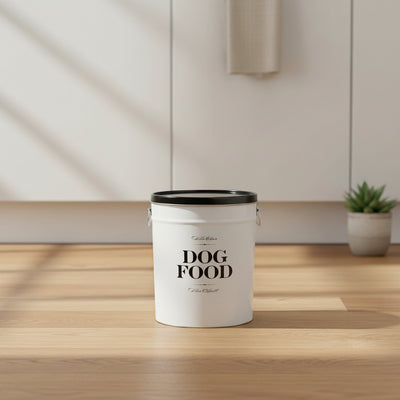 Boîte de stockage pour aliments de chien avec marquage « DOG FOOD », couvercle noir